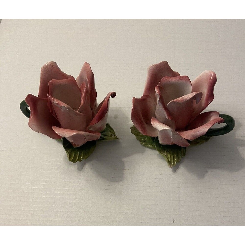 Pair Vintage Capodimonte Rose Candle Holders with Handles. Italy.